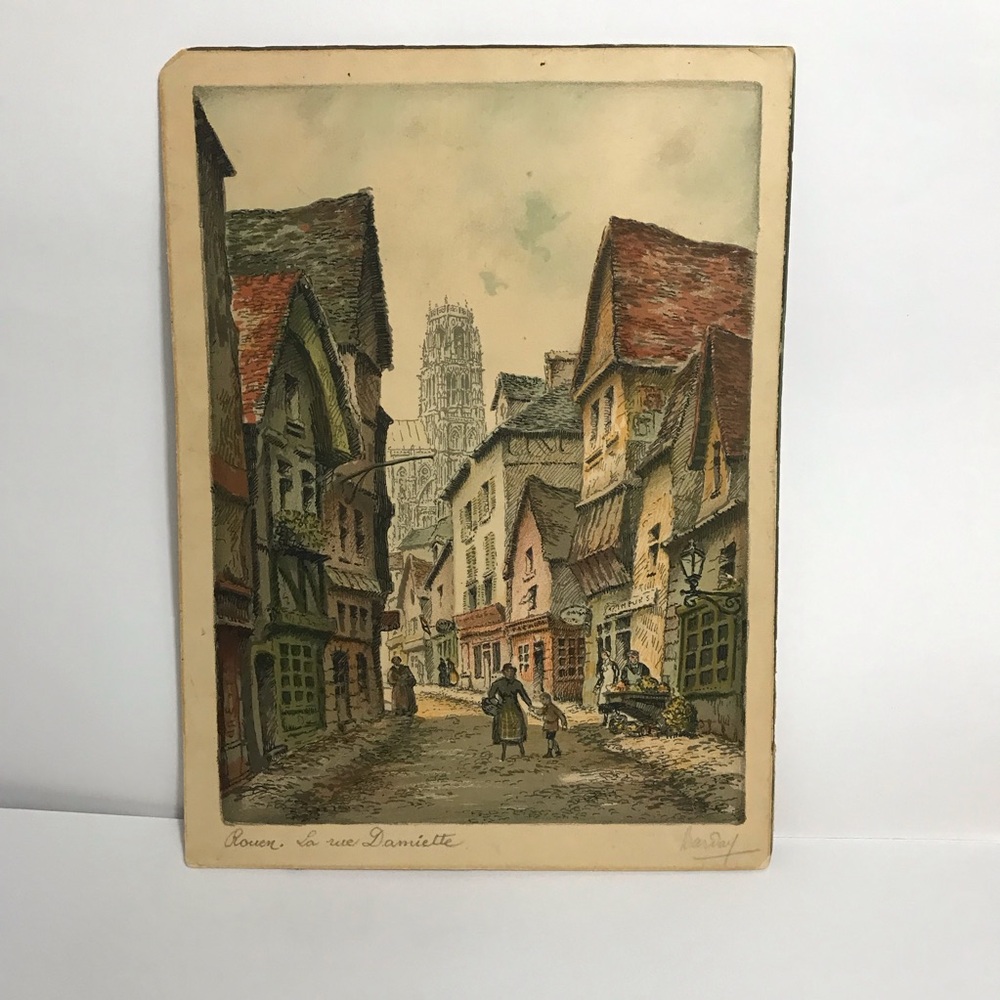 Barday signed lithograph Rouen L'ancienne rue Domiette Rouen France.